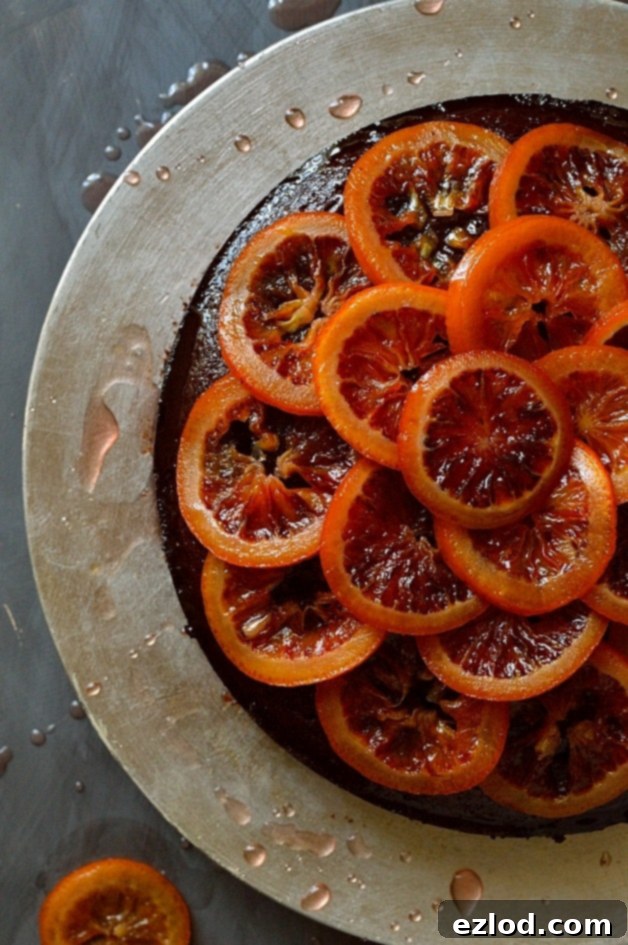 Aromatic Chocolate Olive Oil Rosemary Cake with Candied Blood Oranges 8 The full chocolate, rosemary, and olive oil cake, topped with a generous array of candied blood oranges and a luscious orange rosemary syrup glaze, promising an aromatic and delightful treat.