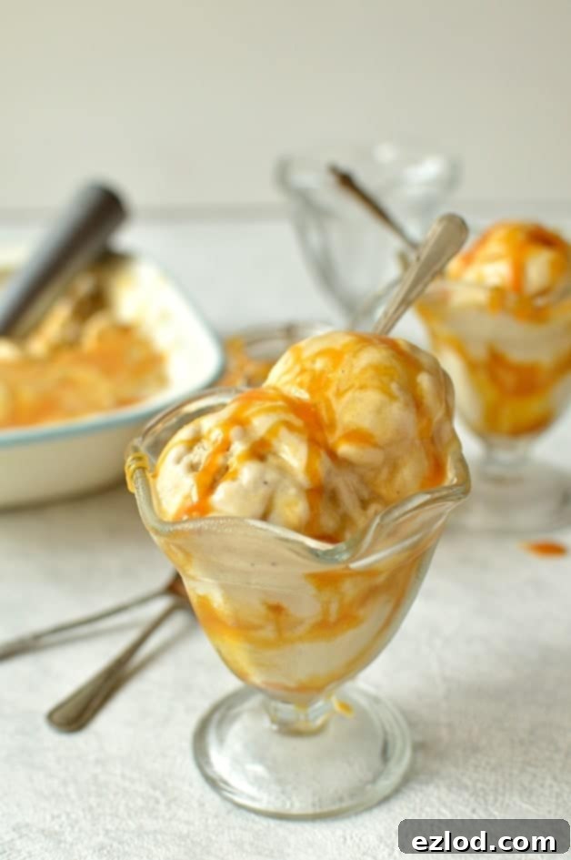 Vegan roasted banana ice cream with rum coconut caramel swirl