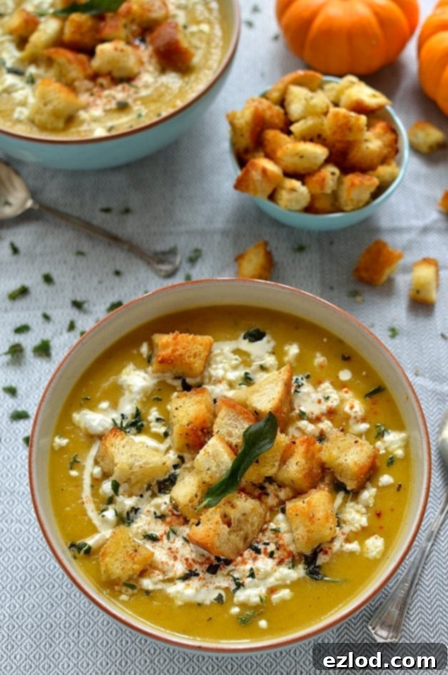 Velvet Pumpkin Soup with Feta, Garlic Croutons, and Fried Sage 3 A vibrant bowl of spiced roasted pumpkin soup, generously topped with homemade garlic croutons, creamy feta cheese, and fragrant crispy fried sage.