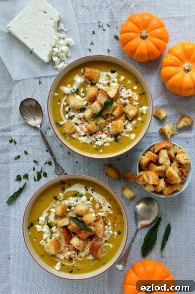 Velvet Pumpkin Soup with Feta, Garlic Croutons, and Fried Sage 6 A comforting bowl of warmly spiced roasted pumpkin soup, served with crunchy garlicky croutons, crumbled feta cheese, and fragrant fried sage leaves.