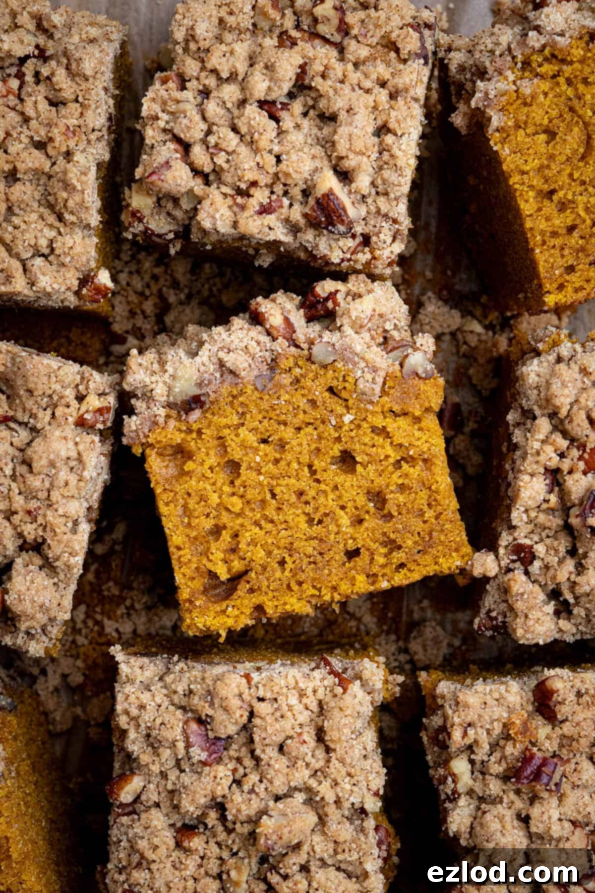 Spiced Vegan Pumpkin Streusel 11 Close up shot of a perfectly cut square of vegan pumpkin crumb cake, highlighting its rich, moist interior, vibrant pumpkin color, and the generous, crunchy pecan streusel topping. A fork is placed nearby.
