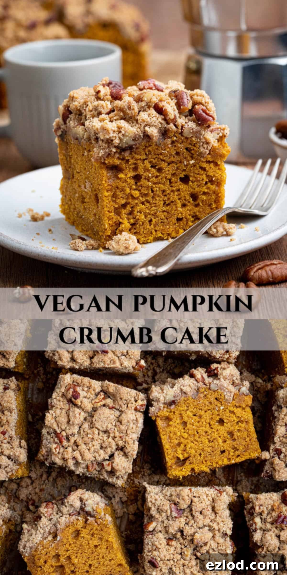 Spiced Vegan Pumpkin Streusel 13 Pinterest collage image featuring multiple appealing photos of vegan pumpkin crumb cake, including a full cake and individual slices, highlighting its moist texture and crunchy streusel topping, perfect for sharing on social media.