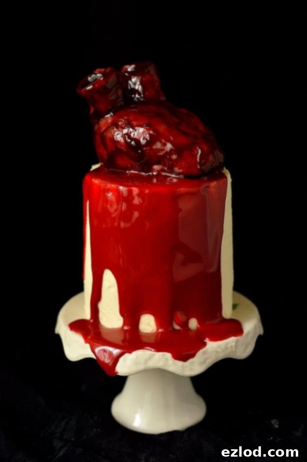 Haunted Heart Halloween Cupcakes 3 Mini red velvet layer cakes with ermine frosting topped with a bleeding heart and ganache 'blood'; perfect for Halloween