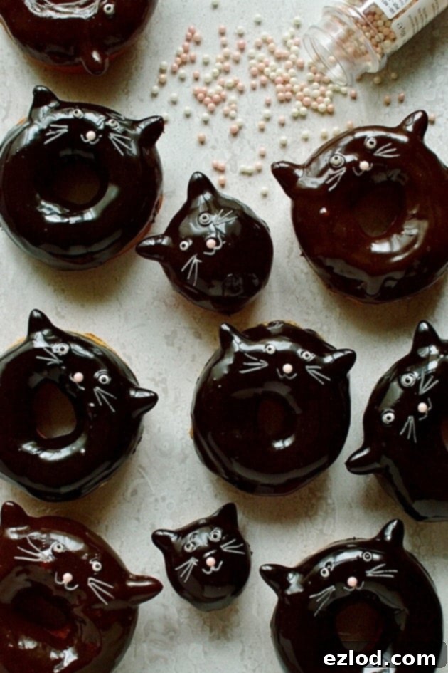 Black Cat's Midnight Chocolate Rings 2 chocolate glazed black cat doughnuts - delicious, soft, chocolate glazed fried yeasted doughnuts with super cute cat face designs