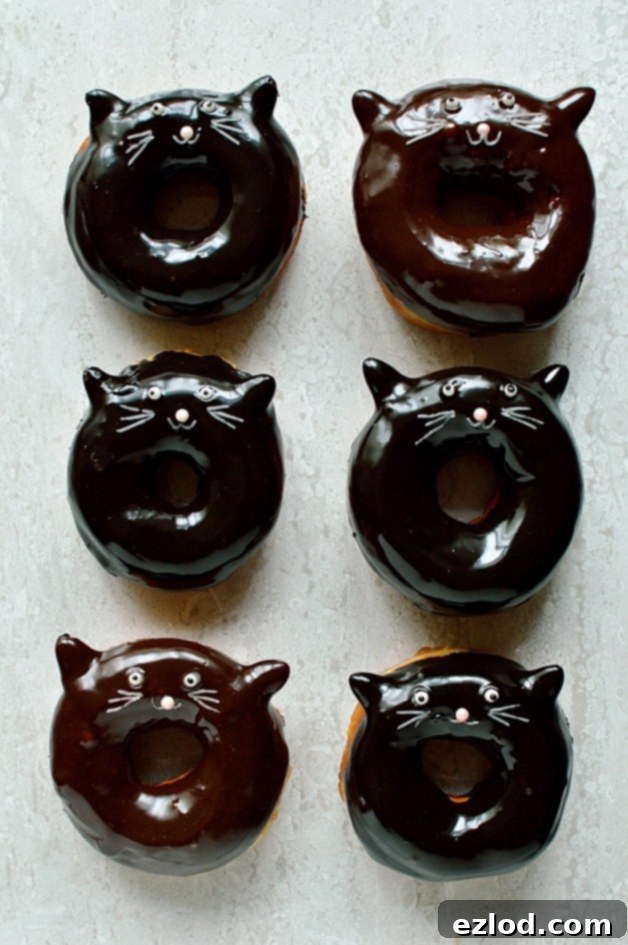 Black Cat's Midnight Chocolate Rings 4 Chocolate glazed fried yeasted ring doughnuts with a cute black cat design, perfect for Halloween!
