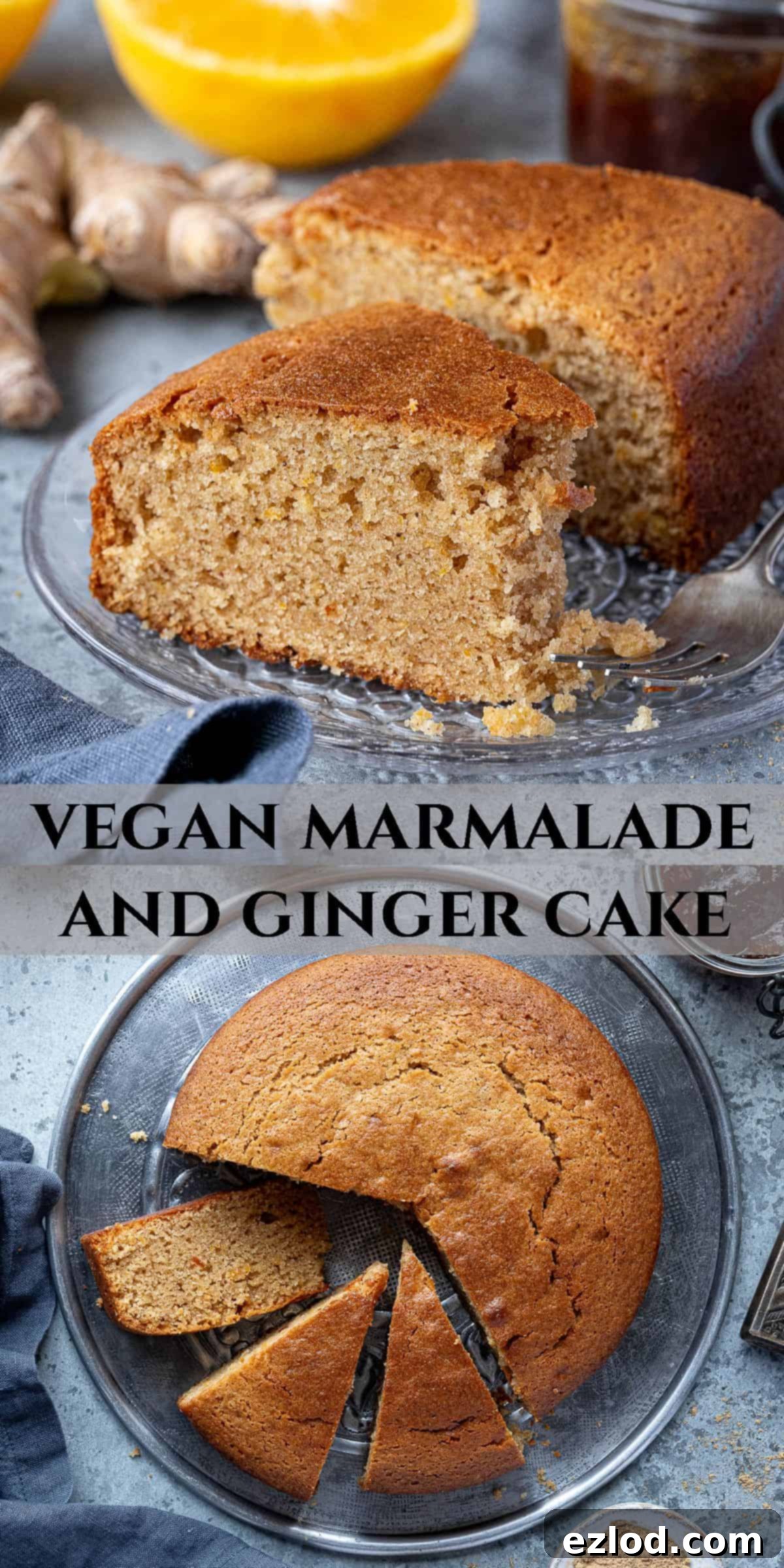 Sun-Kissed Vegan Ginger Cake with Tangy Marmalade 11 A Pinterest collage image featuring multiple enticing shots of the vegan marmalade and ginger cake, perfect for sharing on social media.