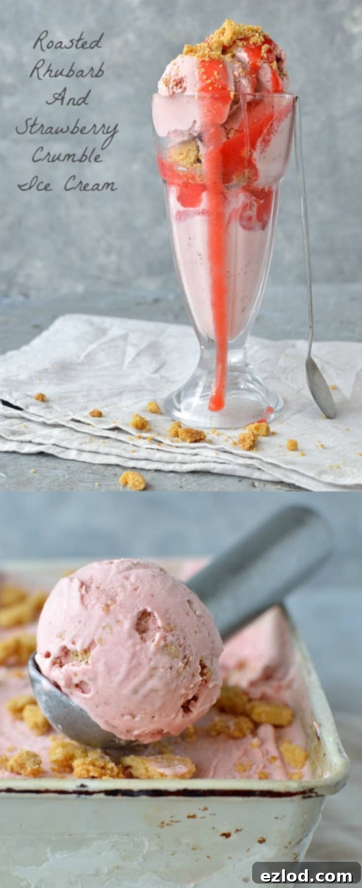 Rhubarb Strawberry Crumble Crunch Ice Cream 2 Roasted rhubarb and strawberry crumble ice cream - a delicious fruity ice cream filled with chunks of buttery crumble and topped with a tangy rhubarb strawberry sauce.