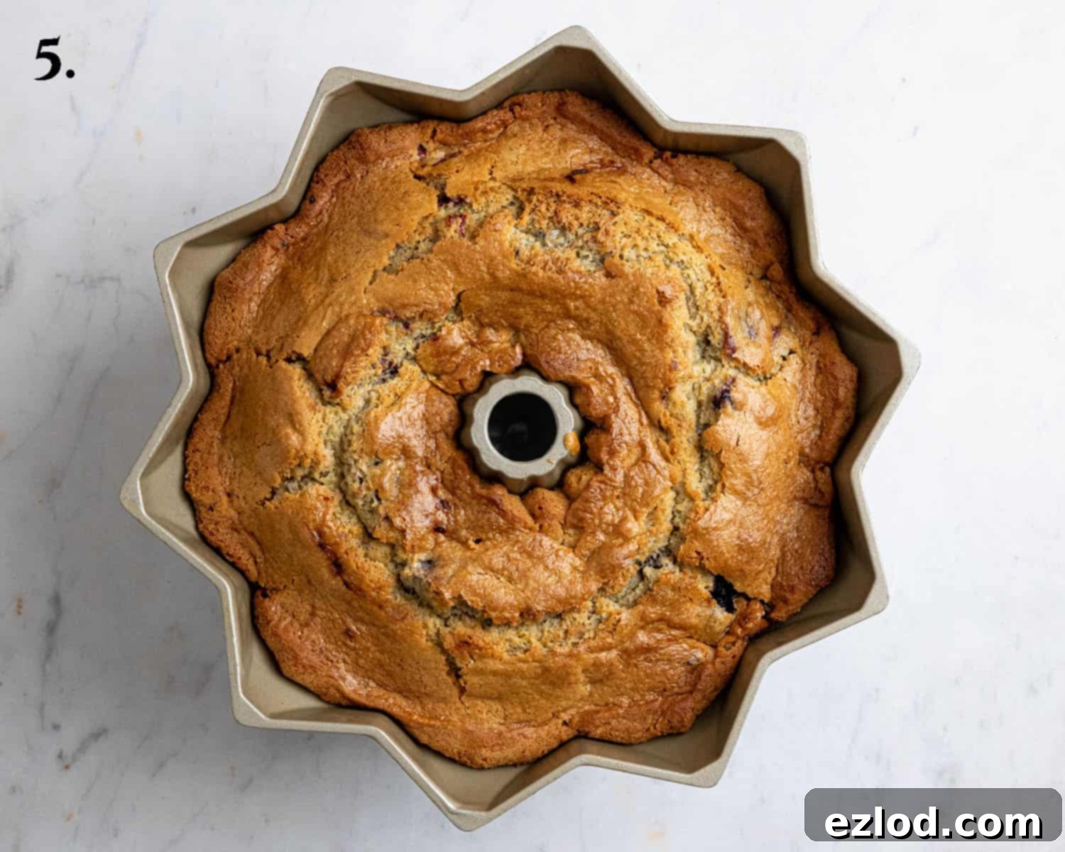 Vegan Berry Lime Bundt Cake 9 Step 5 in making berry lime bundt cake: the perfectly golden-brown baked cake, fresh out of the oven, showcasing its beautiful bundt shape.