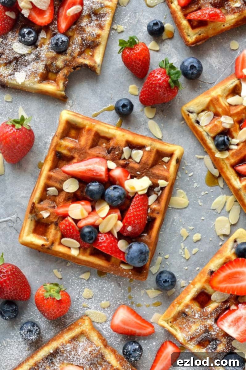 Decadent Chocolate Almond Waffles 6 chocolate chip almond waffles - fluffy waffles made with ground almonds and filled with chocolate chips; perfect for an indulgent breakfast or brunch.