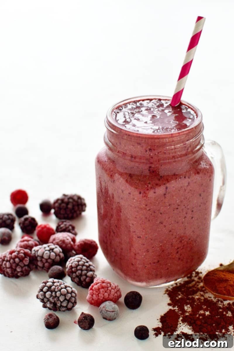Berry Cocoa Dream 3 Fresh ingredients for a chocolate berry smoothie, including frozen berries and cocoa powder