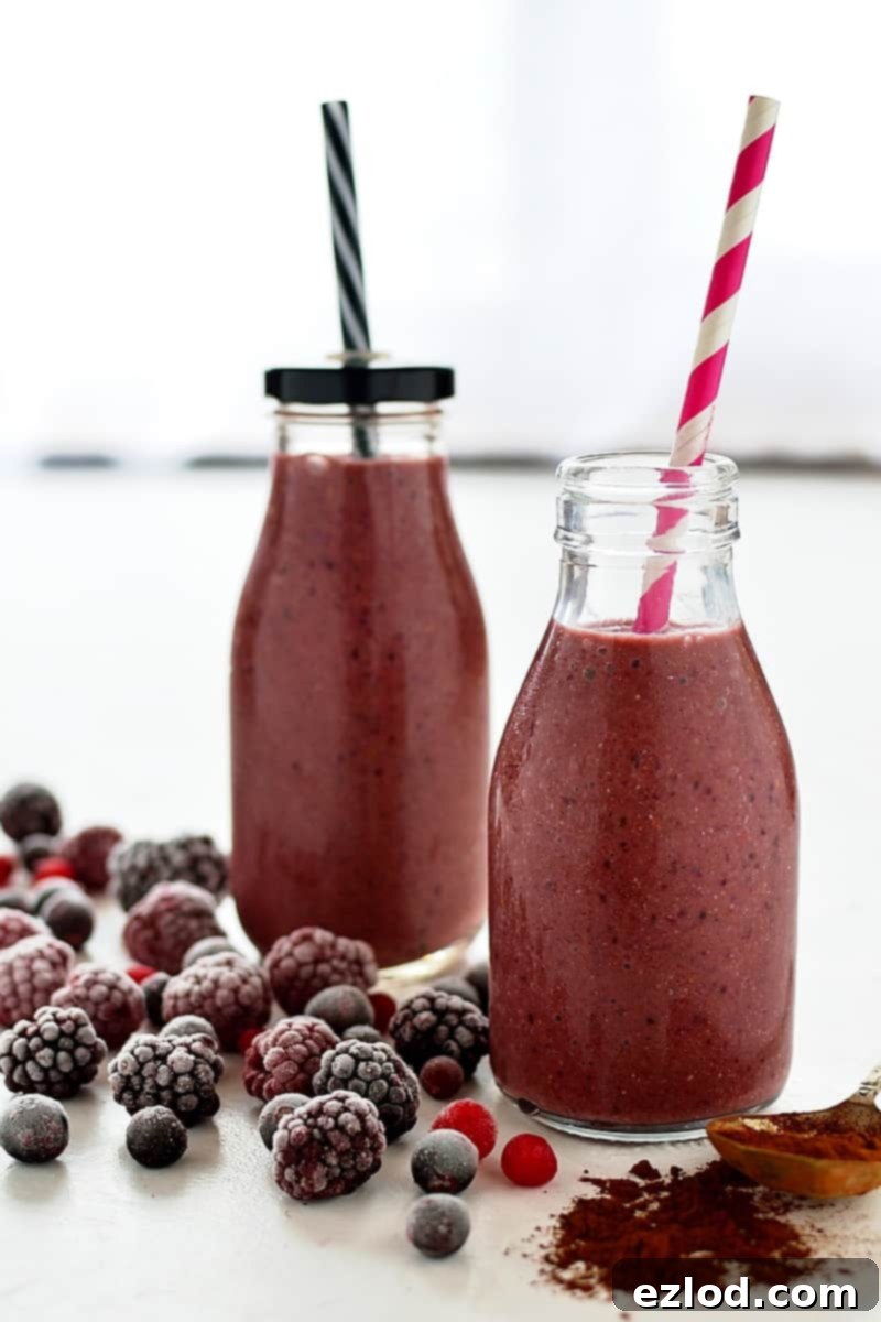 Berry Cocoa Dream 4 A glass of chocolate berry smoothie ready to be served, garnished with fresh berries