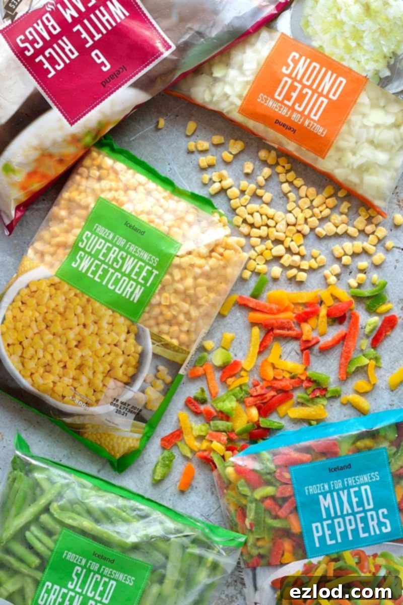Effortless Veggie Chili and 5 Smart Leftover Dishes 5 Selection of Iceland frozen vegetables including peppers, sweetcorn, and green beans, used for the veggie chilli recipe.