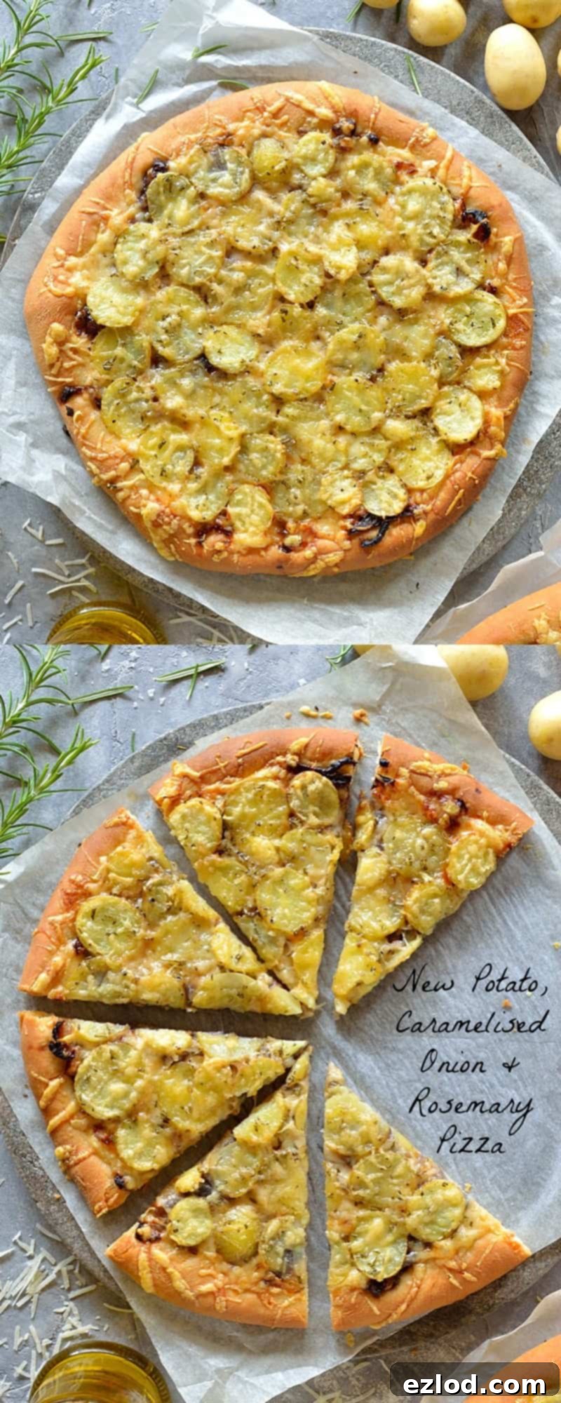 Gruyère Pizza with Rosemary New Potatoes & Sweet Onions 1 New potato, caramelised onion, rosemary & gruyère pizza