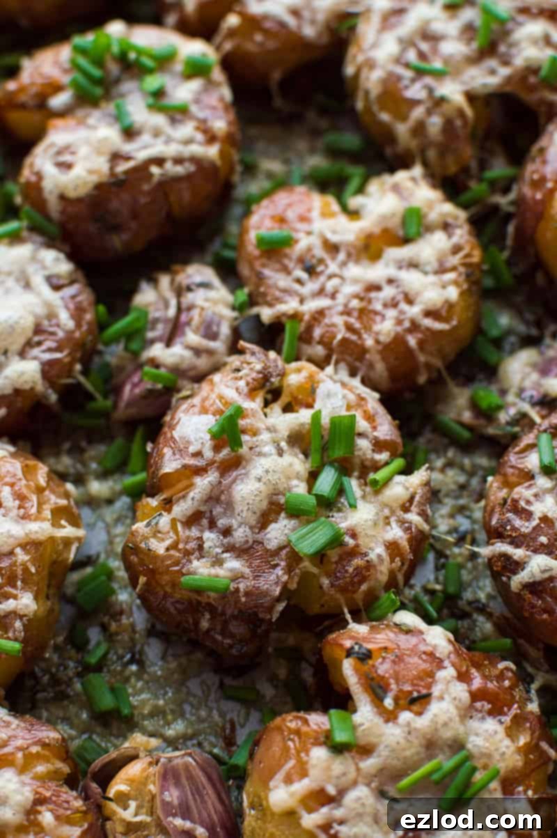 Garlic Herb Parmesan Smashed Potatoes 5 Smashed potatoes, generously coated in olive oil and fresh herbs, arranged on a baking sheet, ready for roasting.