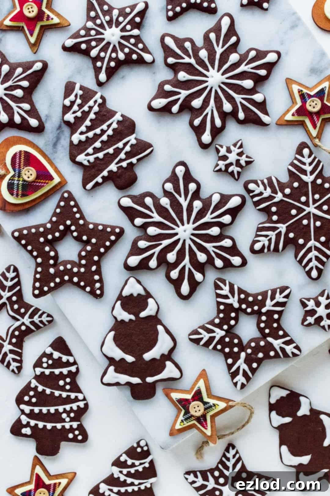 Vegan Chocolate Gingerbread Cookies 3 Top down photo of chocolate gingerbread cut-out cookies decorated with white royal icing.