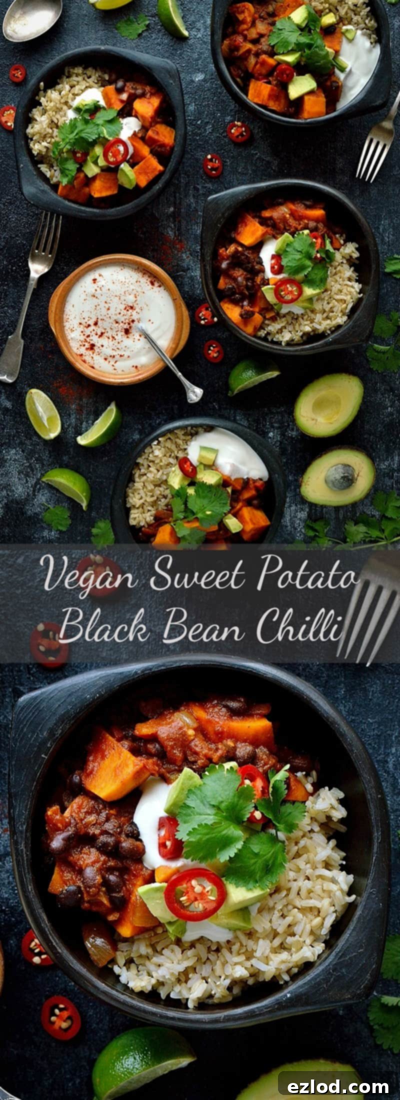 Hearty Vegan Sweet Potato Black Bean Chili 3 Overhead shot of sweet potato black bean chilli, highlighting the vibrant colors and rich texture. This hearty, warming, healthy, and delicious vegan meal is perfect for cold weather.