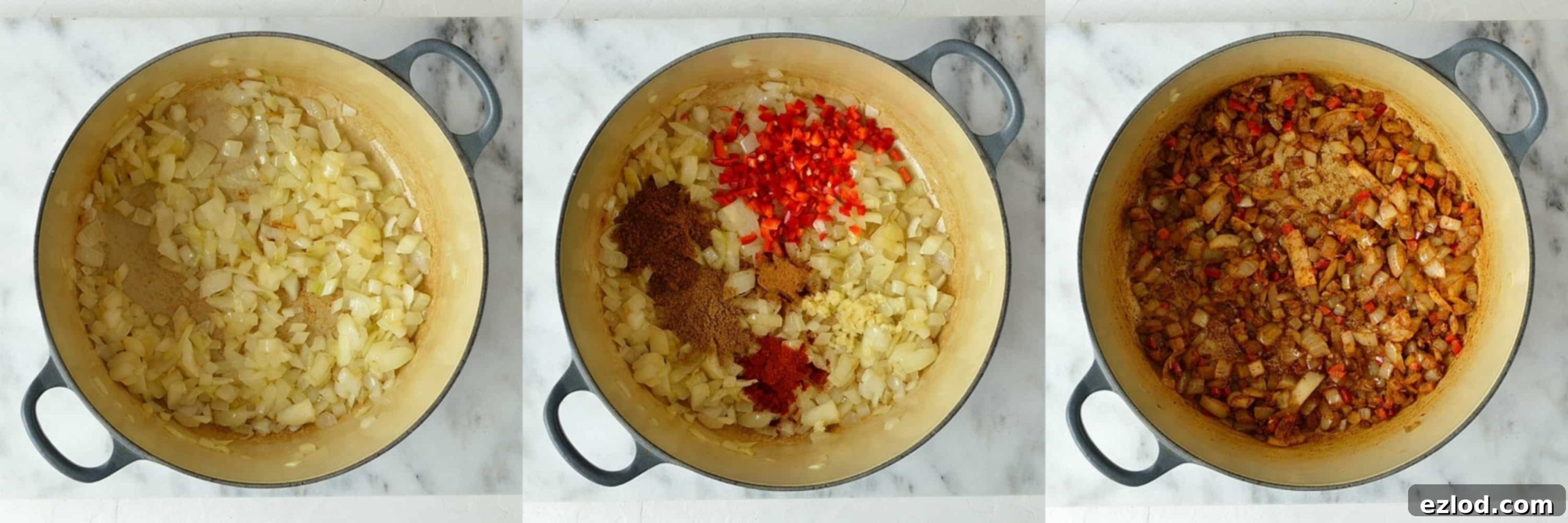 Hearty Vegan Sweet Potato Black Bean Chili 7 Step 1 in making sweet potato black bean chilli: diced onion and spices being cooked gently in olive oil in a large pan, showing the initial aromatic stage of the recipe.