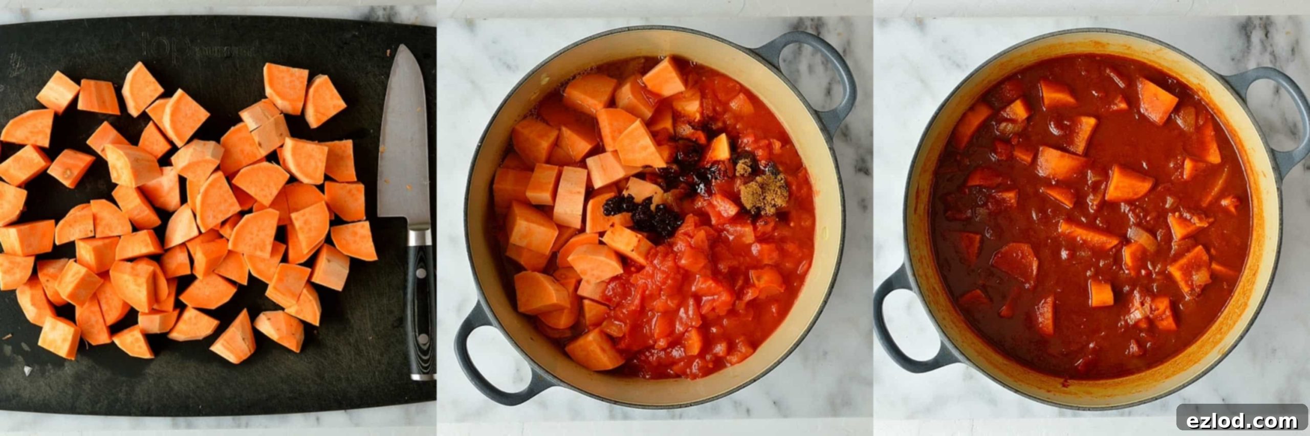 Hearty Vegan Sweet Potato Black Bean Chili 8 Step 2 in making sweet potato black bean chilli: diced sweet potatoes, chopped tomatoes, chipotle paste, soy sauce, sugar, and water added to the pan with the cooked onions and spices, ready to simmer.