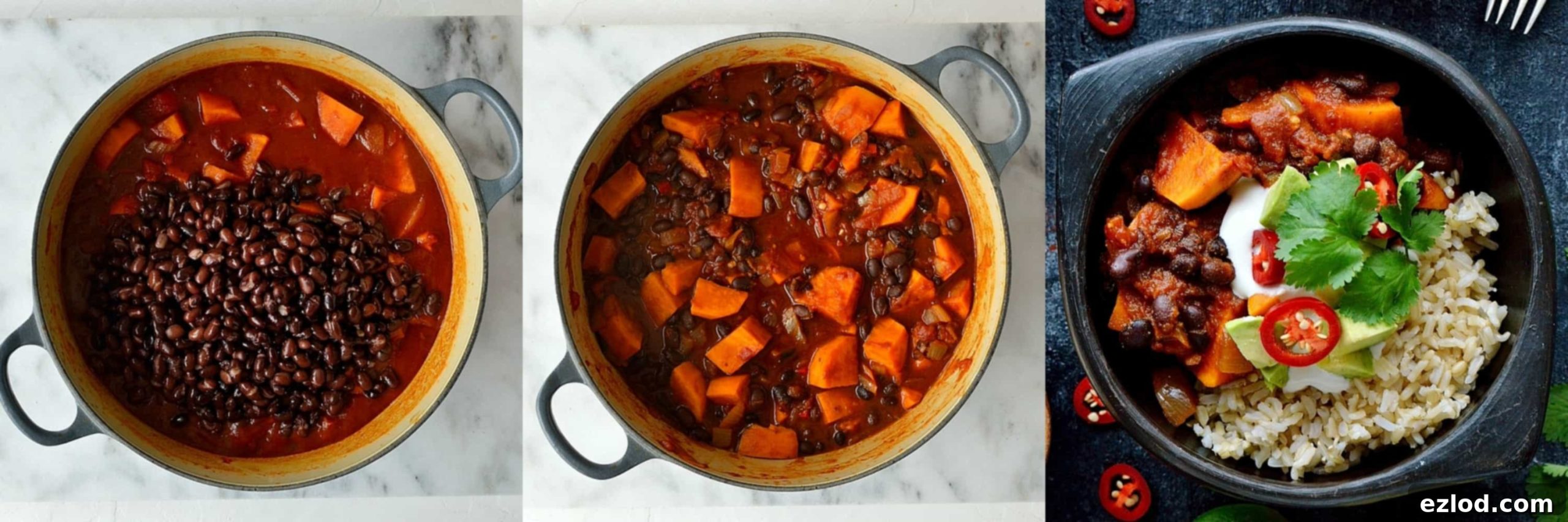 Hearty Vegan Sweet Potato Black Bean Chili 9 Step 3 in making sweet potato black bean chilli: black beans added to the simmering chilli, illustrating the final cooking stage before seasoning adjustments and serving.