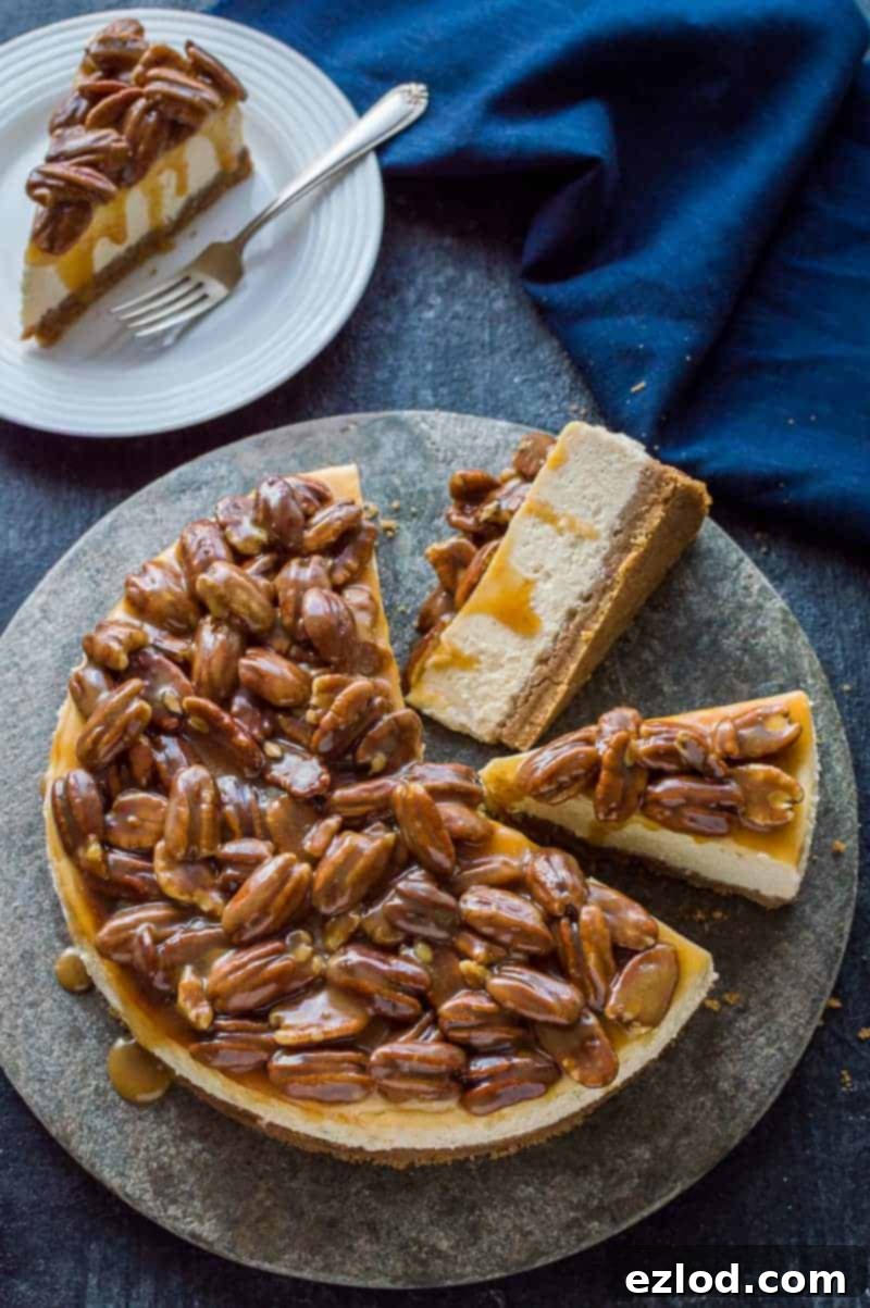 Pecan Praline Cheesecake 2 A stunning Pecan Pie Cheesecake, showcasing a creamy baked vanilla cheesecake base topped generously with rich, glossy caramel pecans. This ultimate dessert combines the best of two beloved classics, perfect for any occasion.