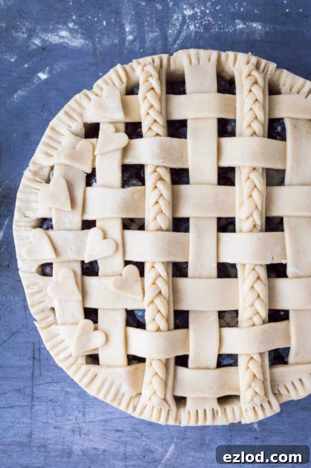 Vegan Blueberry Pie with a Flaky Coconut Oil Crust 12 Unbaked vegan blueberry pie with coconut oil pastry lattice before oven