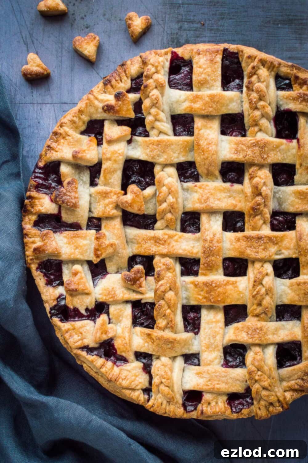 Vegan Blueberry Pie with a Flaky Coconut Oil Crust 3 Close-up of a slice of vegan blueberry pie with intricate lattice work on the crust