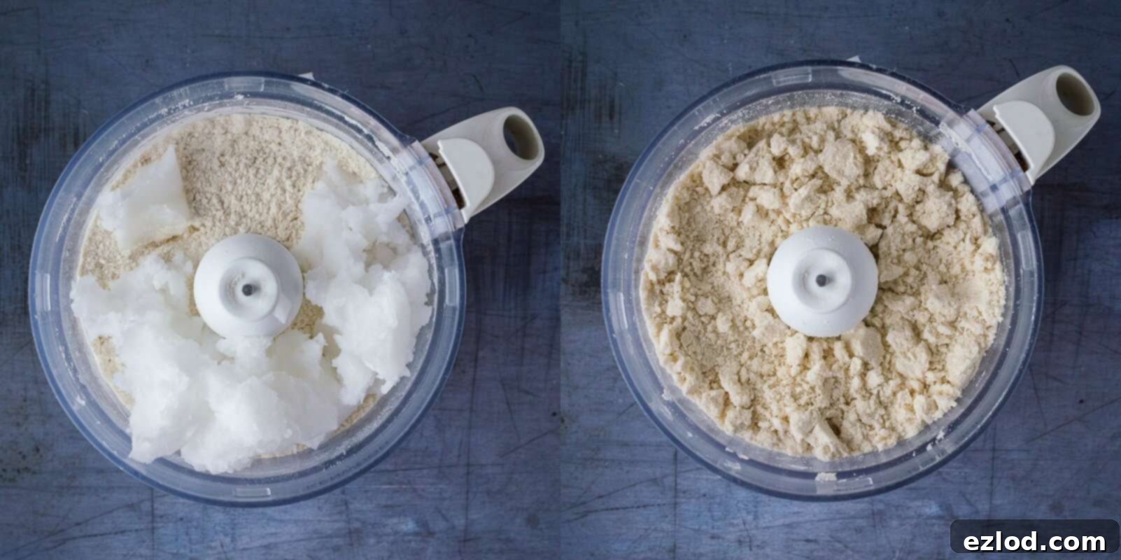 Vegan Blueberry Pie with a Flaky Coconut Oil Crust 6 Step-by-step image showing solid coconut oil being blended into flour for pastry