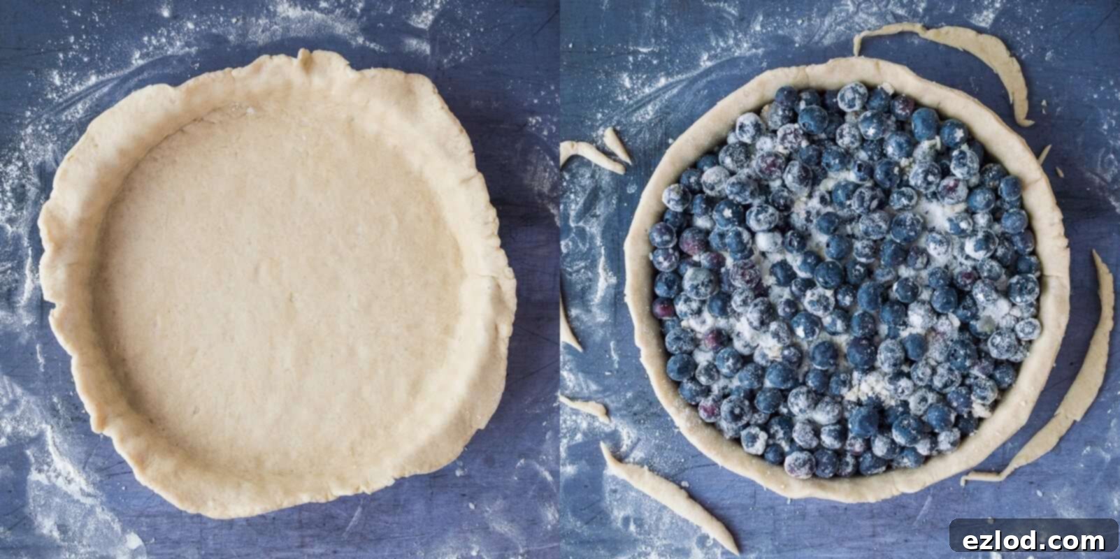 Vegan Blueberry Pie with a Flaky Coconut Oil Crust 8 Step-by-step image showing the first half of coconut oil pastry rolled into a pie dish