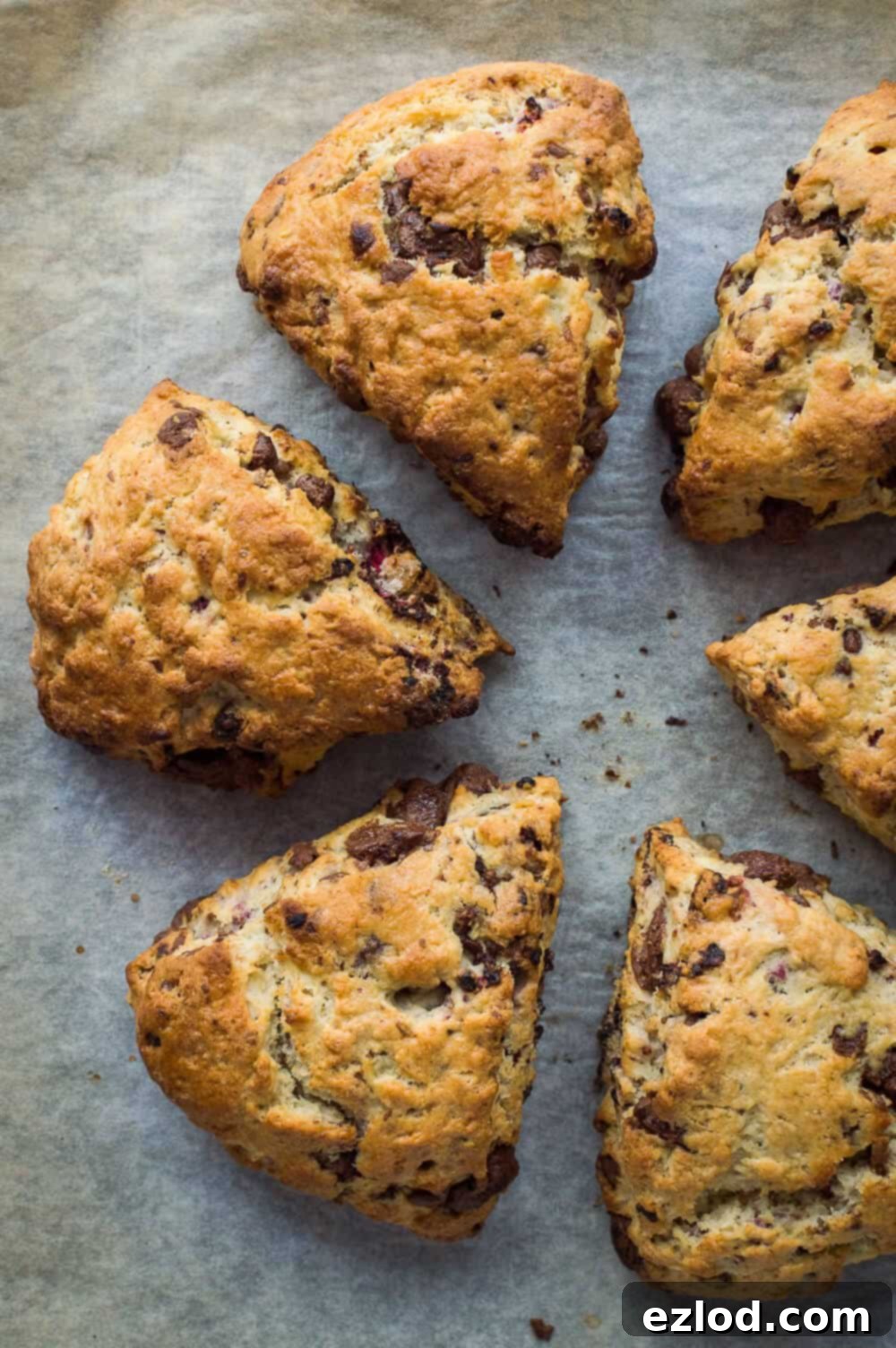 Decadent Vegan Chocolate Raspberry Scones 4 Triangular vegan/dairy free chocolate raspberry scones on a sheet of baking parchment