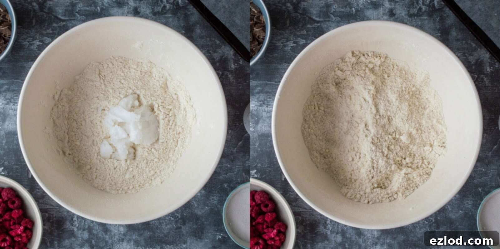 Decadent Vegan Chocolate Raspberry Scones 6 vegan chocolate raspberry scones step 1 - rubbing in coconut oil