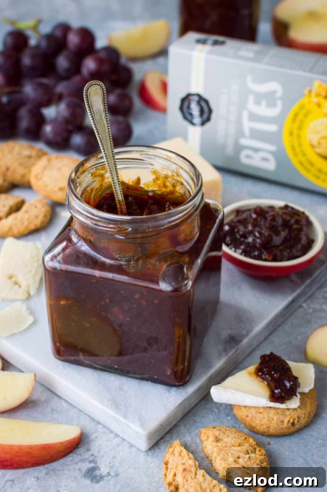 Hummus Bowl with Crispy North African Chickpeas and Fiery Caraway Jam 8 Jar of tomato, chilli and caraway jam with cheese and Arden's Lockerbie cheddar and caramelised onion chutney bites