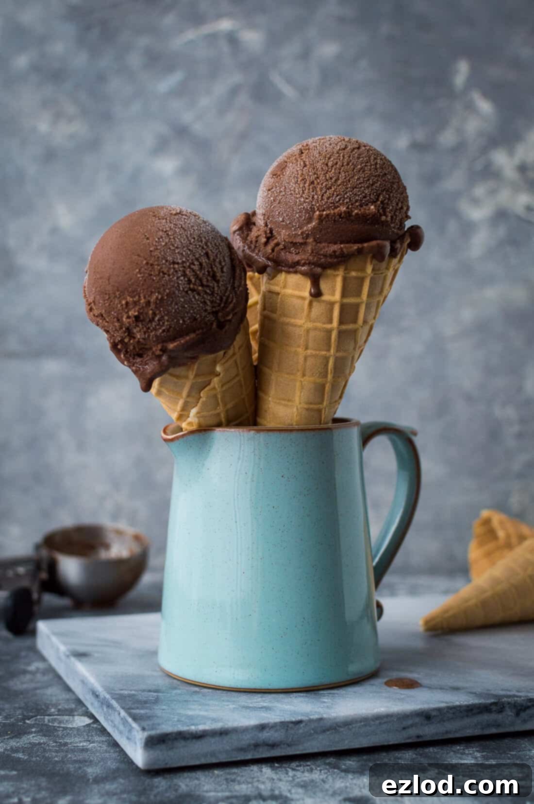 Vegan Chocolate Coconut Sorbet 2 A scoop of vegan chocolate coconut sorbet in a bowl, garnished with coconut flakes.