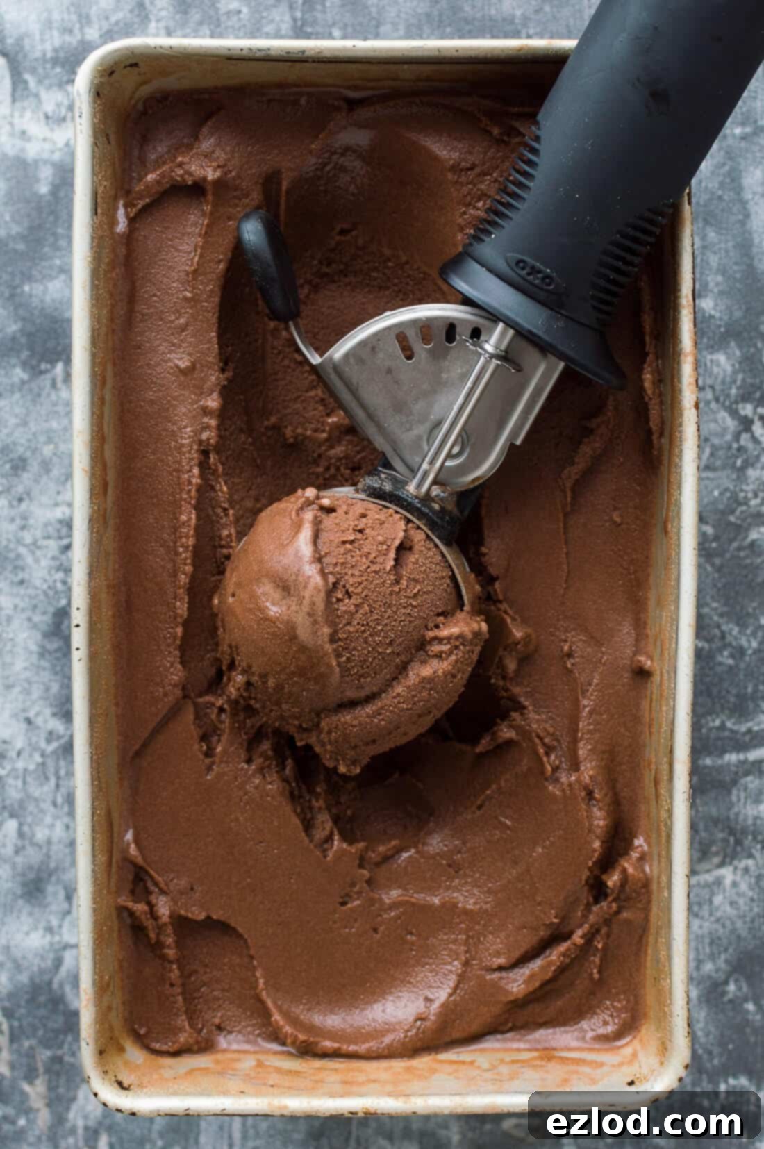 Vegan Chocolate Coconut Sorbet 3 A tub of vegan chocolate coconut sorbet with an ice cream scoop, ready to be served.