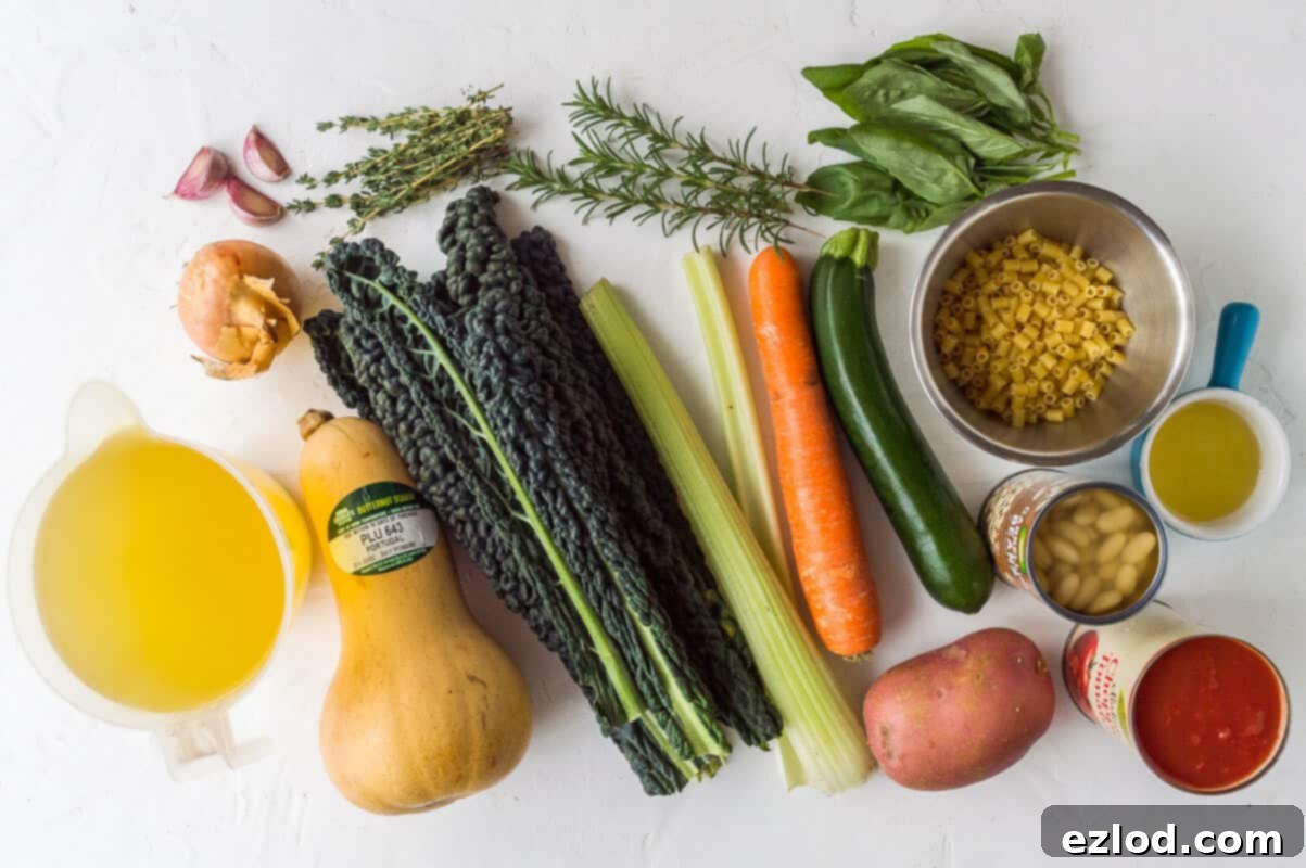 Cozy Vegan Fall Minestrone 5 A vibrant selection of fresh, wholesome ingredients for autumn minestrone soup, including butternut squash, cavolo nero, carrots, celery, and herbs, arranged on a wooden board.