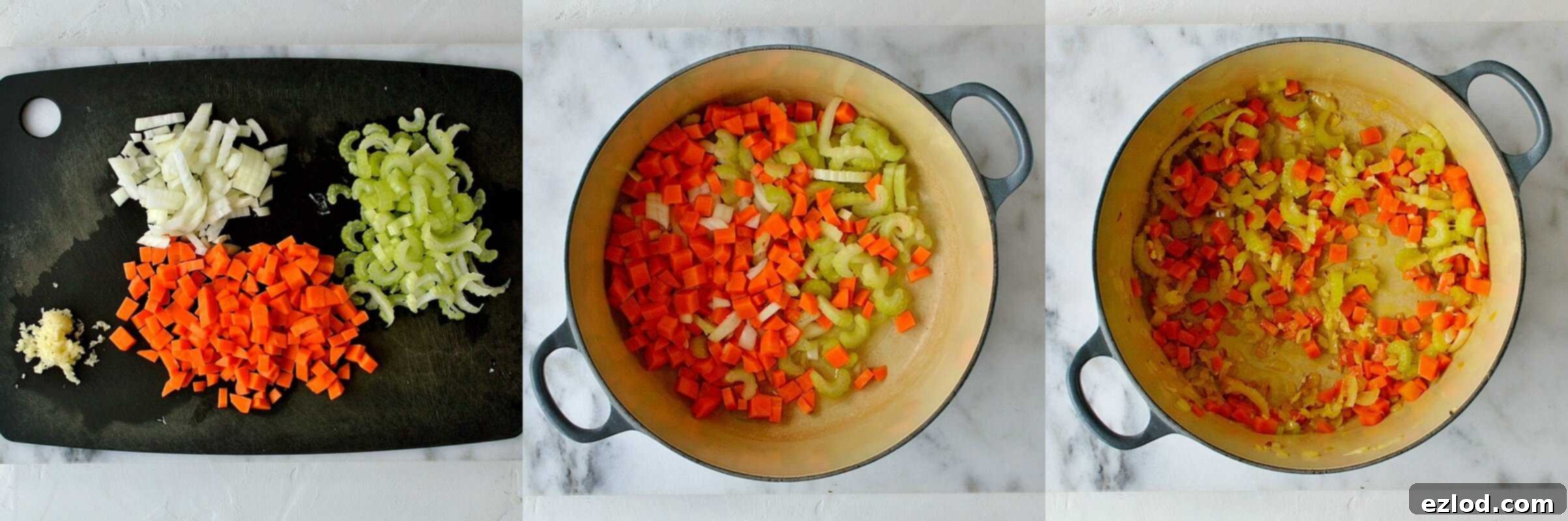 Cozy Vegan Fall Minestrone 6 The first step in preparing autumn minestrone soup: finely diced onions, carrots, and celery gently sautéing in olive oil in a large pan, forming the aromatic base of the soup.