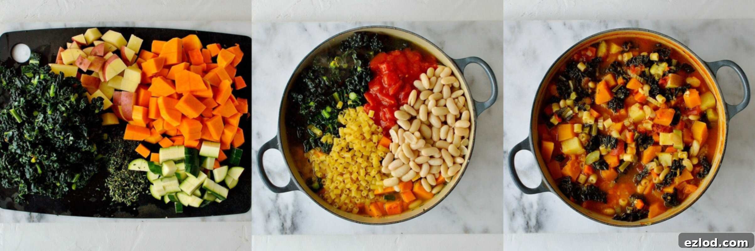 Cozy Vegan Fall Minestrone 7 A large pot of simmering autumn minestrone soup, rich with tomatoes, beans, and various vegetables, with pasta cooking directly in the broth, highlighting the one-pot cooking process.