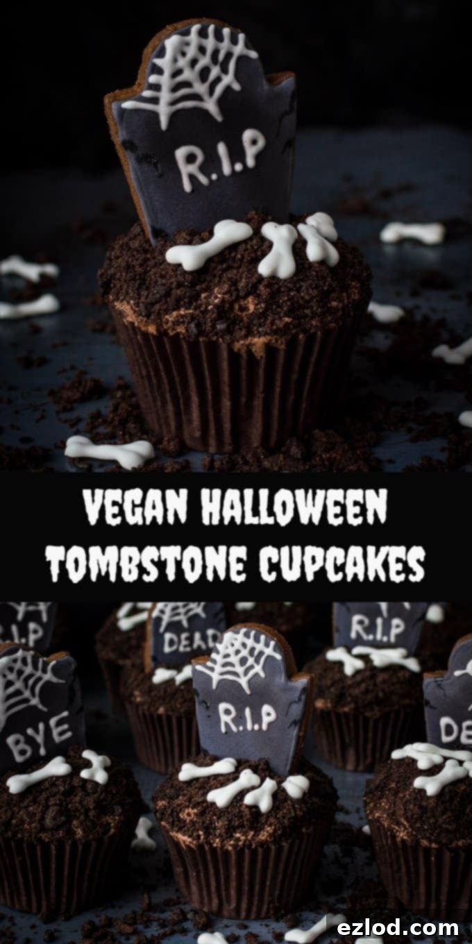Tombstone cupcakes for Halloween - these impressive chocolate graveyard cupcakes with gingerbread tombstones, cookie dirt and royal icing bones are seriously spooky, utterly delicious and totally vegan! Step by step photos included. #vegancake #veganbaking #Halloween #cupcakes #chocolate #Halloweenrecipes tombstone cupcakes pinterest image