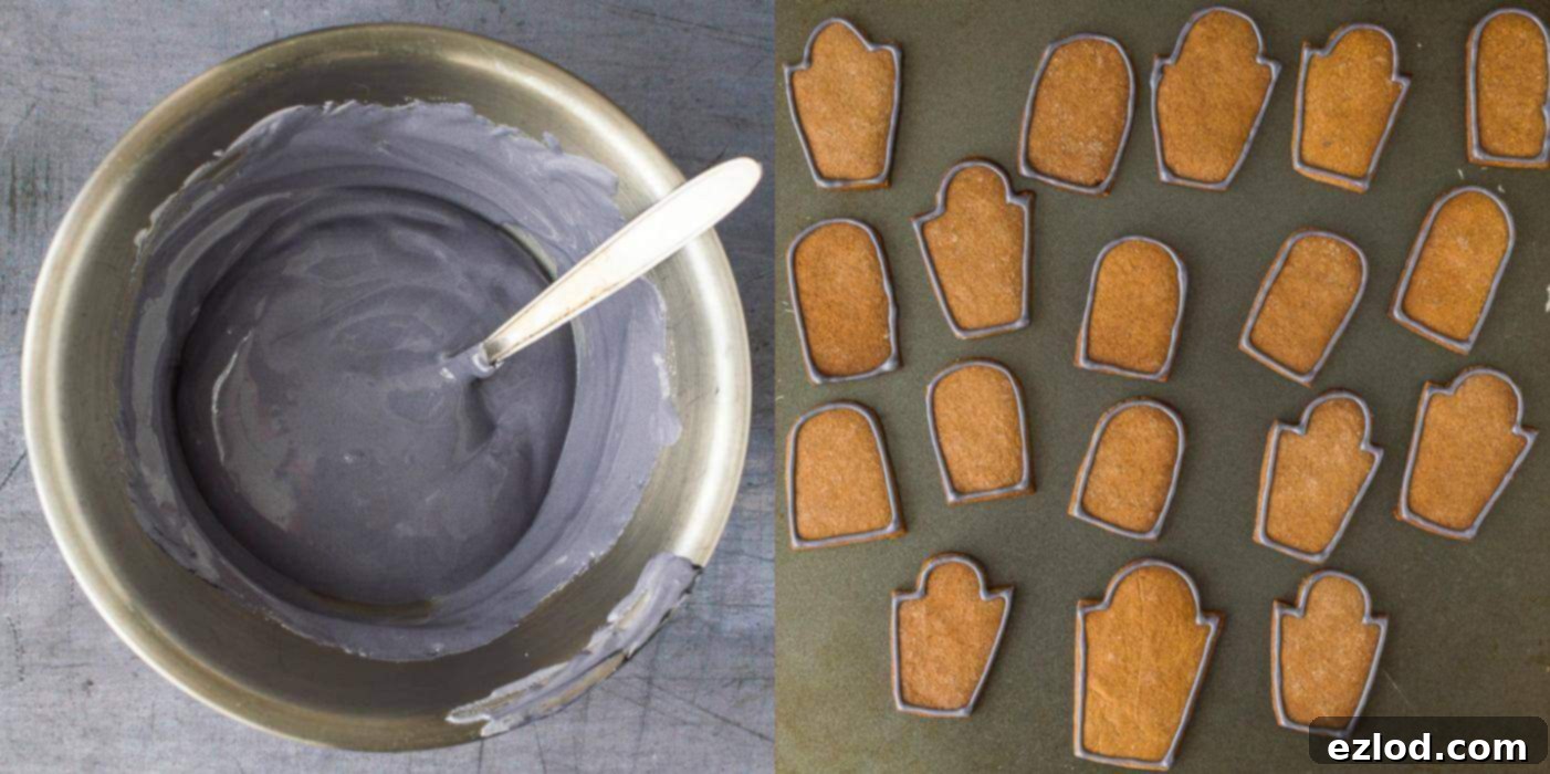 Plant-Based Graveyard Halloween Treats 10 Step 5 - piping the border on the tombstones