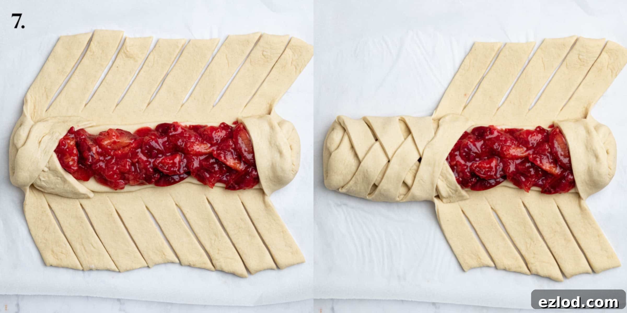 Vegan Plum Marzipan Delight 11 Step 7, a two image collage of braiding the dough.