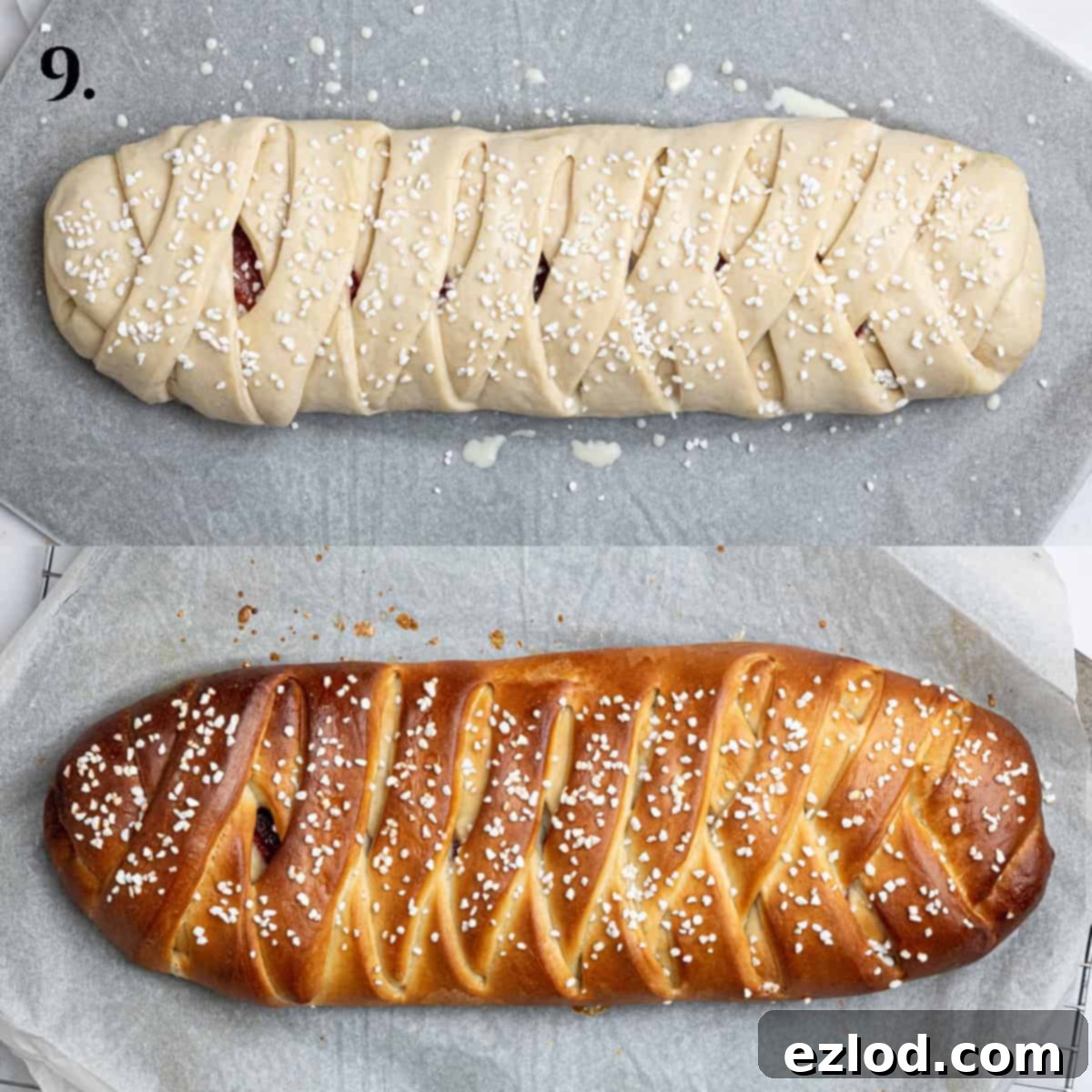 Vegan Plum Marzipan Delight 13 Step 9, the bread before and after baking.