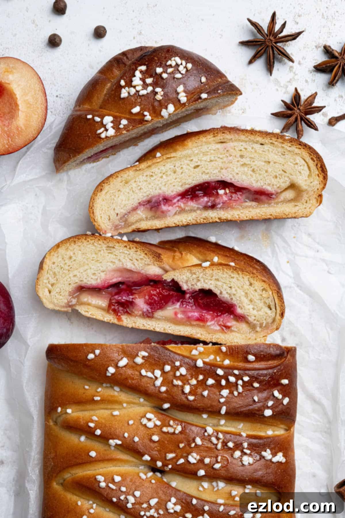 Vegan Plum Marzipan Delight 14 Close up of the sliced loaf.
