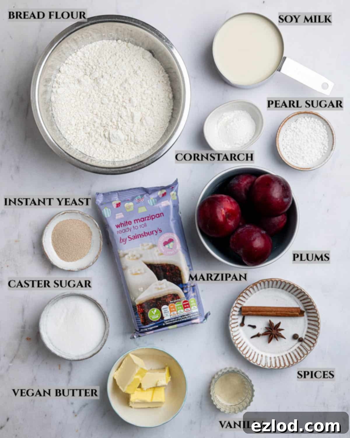 Vegan Plum Marzipan Delight 3 A labelled photo of the ingredients needed to make vegan plum and marzipan bread.