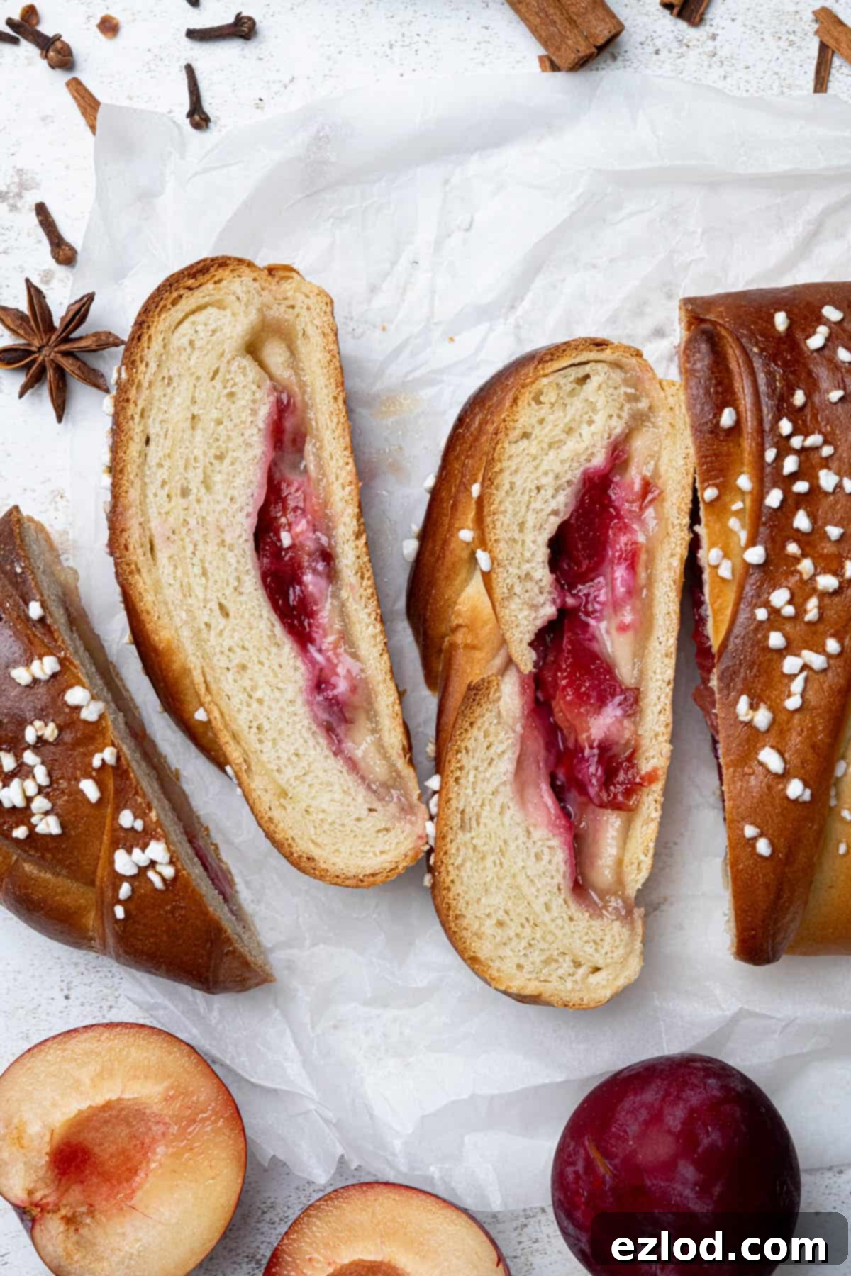 Vegan Plum Marzipan Delight 4 Close up of a couple of slices of vegan plum and marzipan bread.
