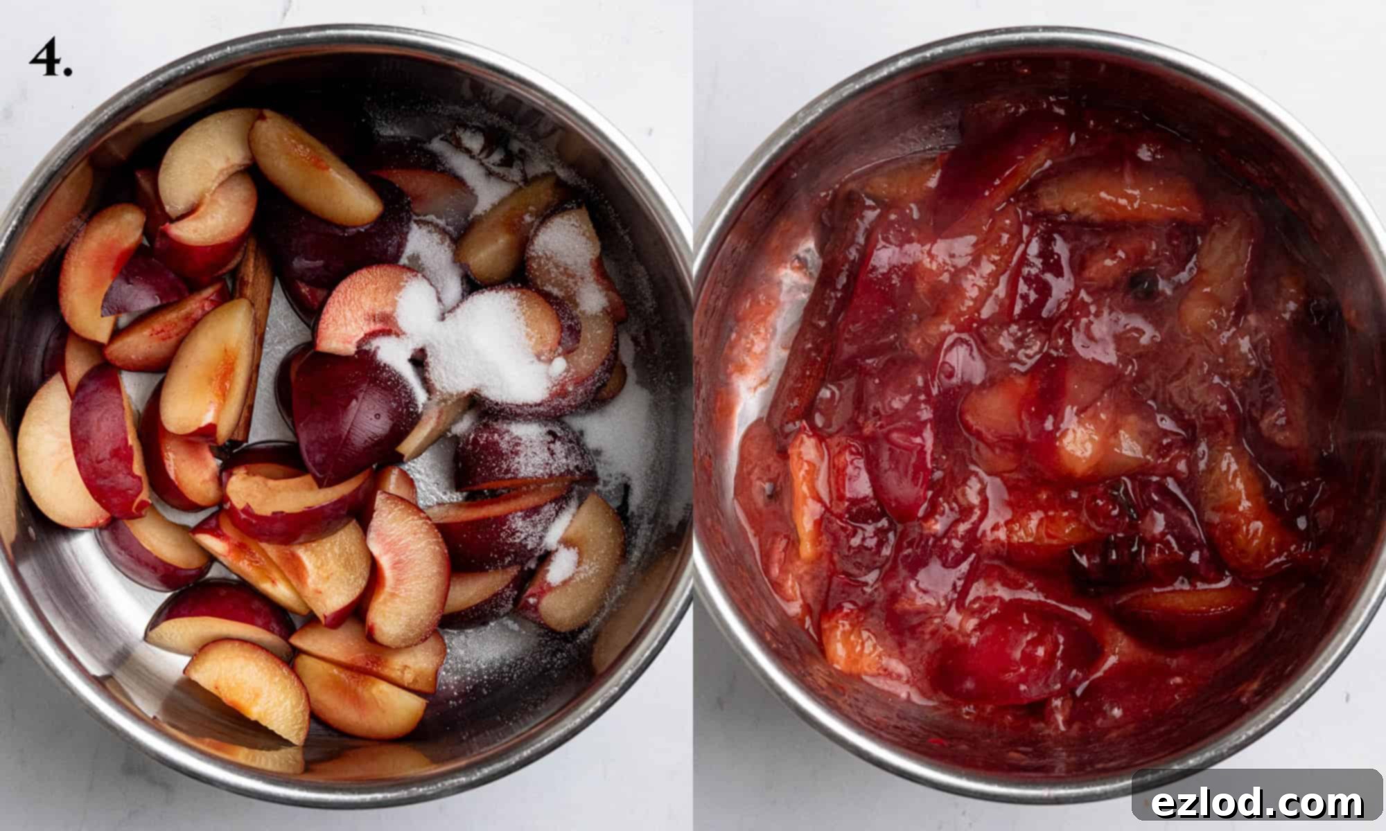 Vegan Plum Marzipan Delight 8 Step 4, a two image collage of the plum compote before and after cooking.