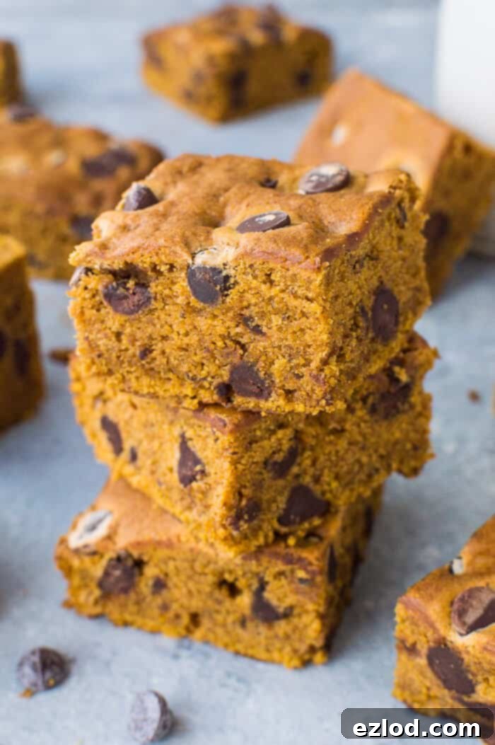 Vegan Pumpkin Chocolate Chip Bars 2 A top-down view of a stack of freshly baked vegan pumpkin chocolate chip cake bars, highlighting their golden-brown edges and inviting texture.