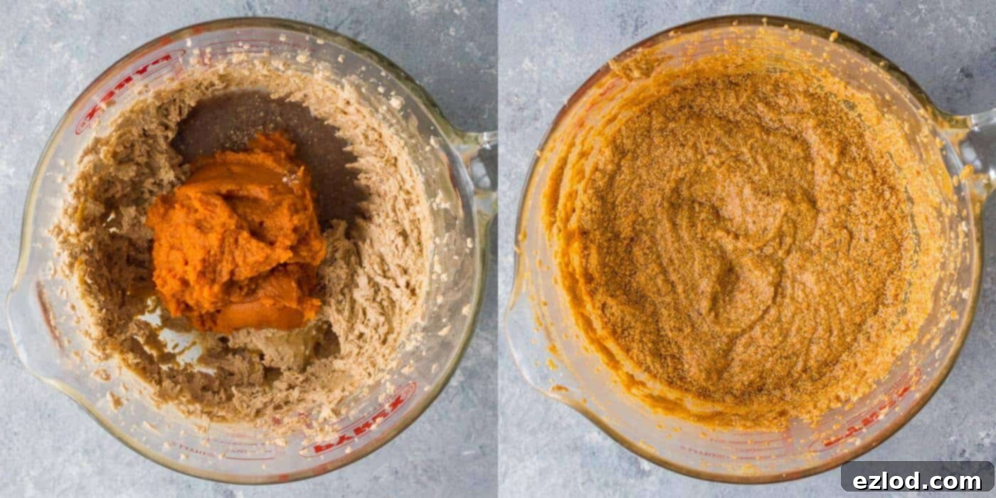 Vegan Pumpkin Chocolate Chip Bars 7 Step 4: Pumpkin puree, vanilla extract, and flax egg mixture being whisked into the creamed butter and sugar, forming a smooth wet batter.