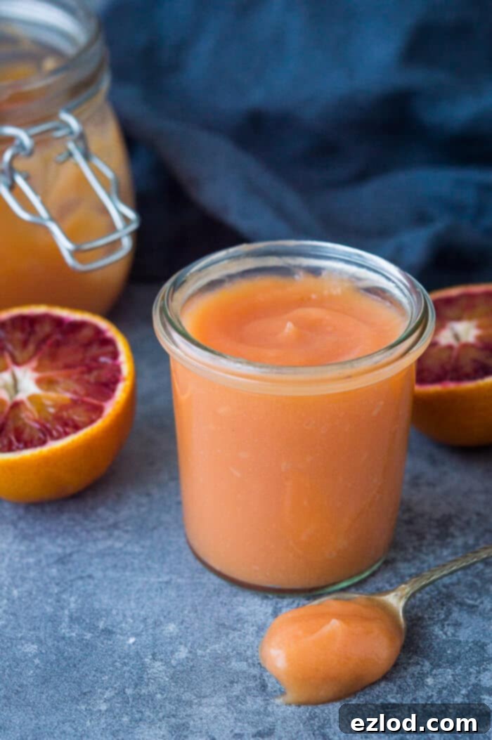 Luscious Vegan Blood Orange Curd 8 A small glass jar of perfectly set Vegan Blood Orange Curd, with a single spoonful of curd placed delicately in front, ready to taste.
