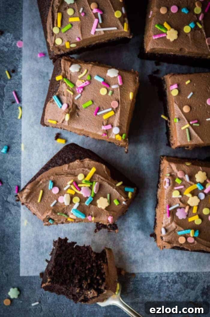 Effortless Vegan Chocolate Delight 2 A beautifully decorated square of moist vegan chocolate cake topped with fluffy chocolate buttercream and colorful sprinkles, ready to be enjoyed at any celebration.