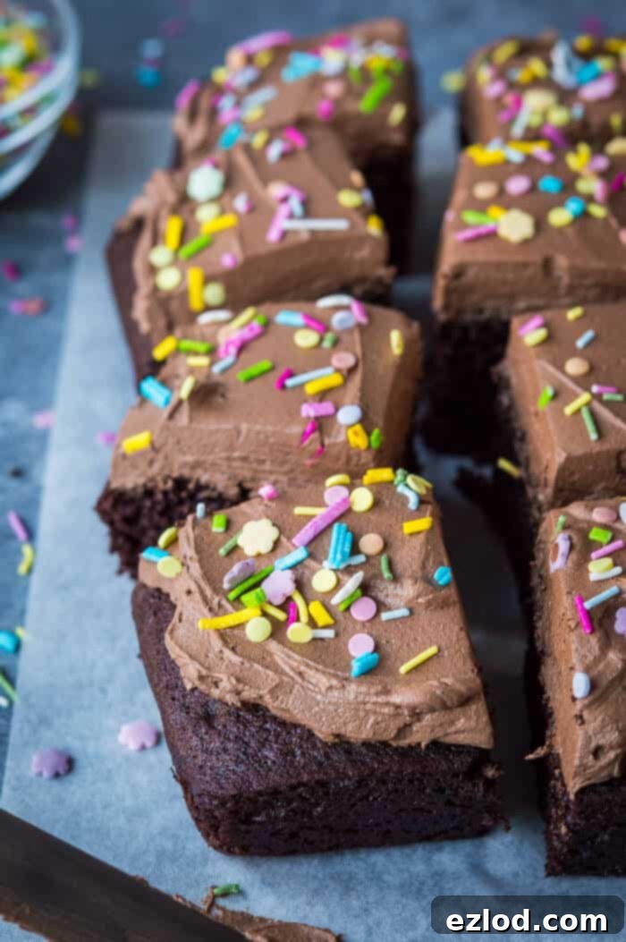 Easy vegan chocolate cake - this simple vegan chocolate sheet cake is quick and easy to make and doesn't use any unusual or hard to find ingredients. It is so moist and rich you would never guess that it is free from eggs and dairy! A high-angle shot of a beautifully frosted vegan chocolate cake, freshly baked and ready to be sliced, showcasing its enticing texture and rich color.
