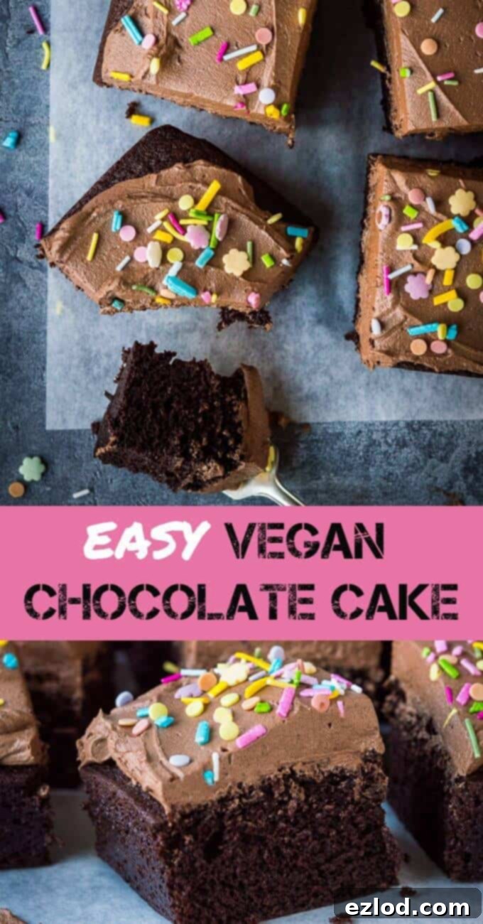 Easy vegan chocolate cake - this simple vegan chocolate sheet cake is quick and easy to make and doesn't use any unusual or hard to find ingredients. It is so moist and rich you would never guess that it is free from eggs and dairy! Easy vegan chocolate cake - this simple vegan chocolate sheet cake is quick and easy to make and doesn't use any unusual or hard to find ingredients. It is so moist and rich you would never guess that it is free from eggs and dairy! #vegan #vegancake #chocolatecake #veganbaking #plantbased #eggless #dairyfree #veganchocolatecake #snackcake #celebrationcake #chocolatebuttercream #veganfrosting